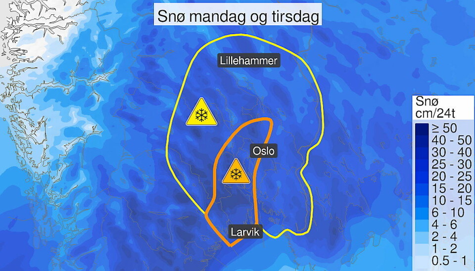 ORANSJE FAREVARSEL PÅ ØSTLANDET: Gjelder til klokken 22:00 på tirsdag.