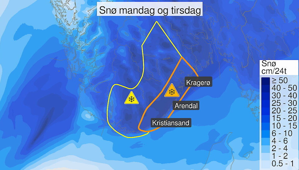 ORANSJE FAREVARSEL AGDER OG TELEMARK: Gjelder til klokken 12:00 tirsdag.