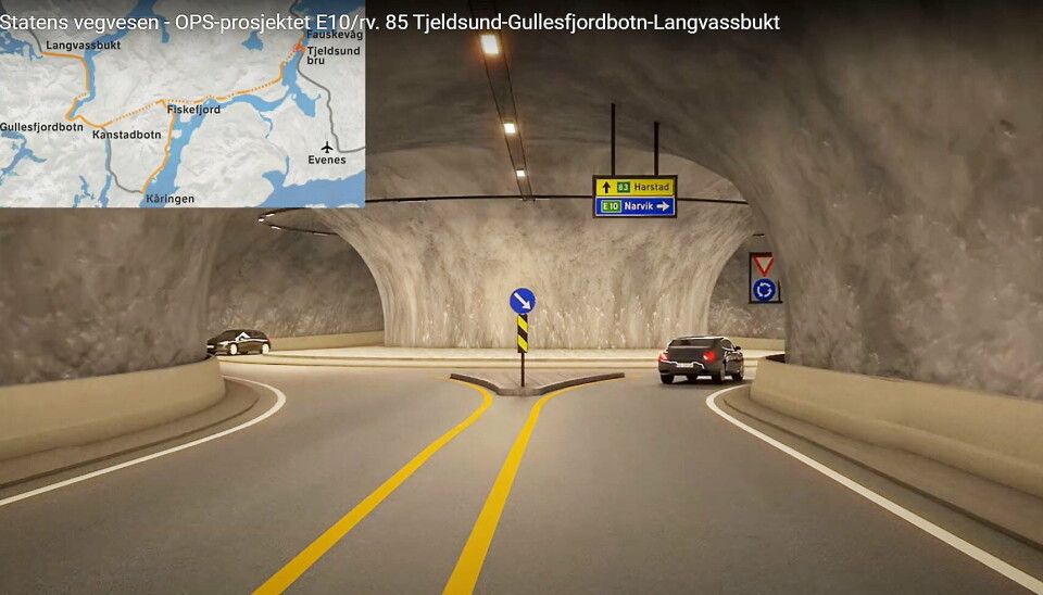 Illustrasjonen viser rundkjøringa i Gulbergtunnelen slik den vil se ut når den står ferdig. Den svake sonen er lengere øst i tunnelløpet mot Lødingen.