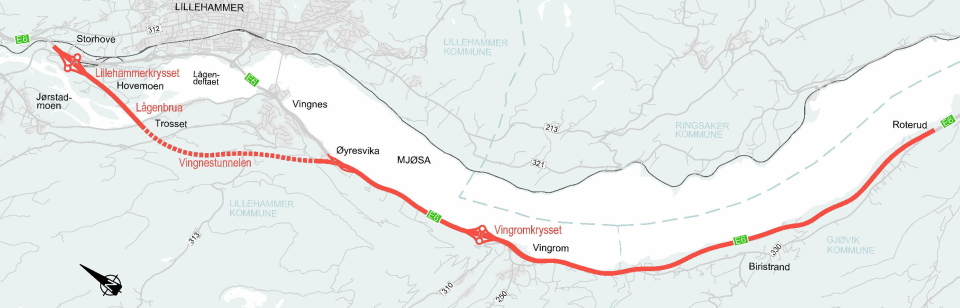 HER SKLA DET BYGGES: Strekningskart for E6 Roterud-Storhove.