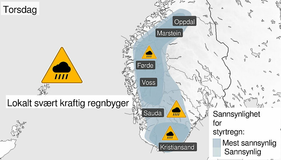 FAREVARSEL: Oransje farevarsel i ettermiddag for deler av Sør-Trøndelag, Vestlandet, Agder og vestlige deler av Telemark, Buskerud og Innlandet