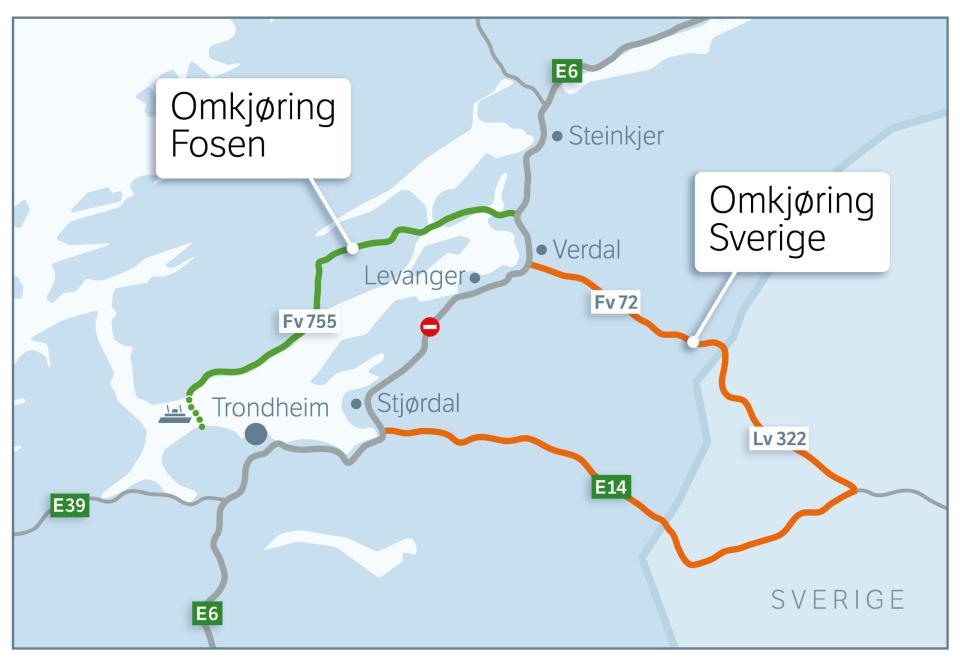 OMKJØRING: Anbefalt omkjøringsalterativ for langtransport og gjennomgangstrafikk i nordre Trøndelag.