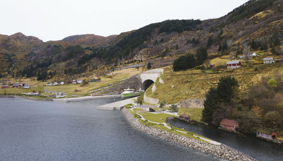 SKIPSTUNNEL: Etter litt politisk drakamp er det klart at Kystverket skal fullføre anbudsprosessen for skipstunnelen. Her fra tunnelåpningen i Kjøde. Illustrasjon: Kystverket/Multiconsult/Link Arkitektur