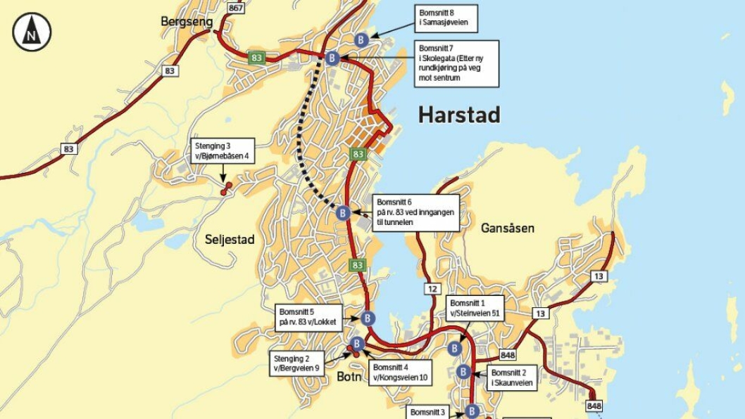 Illustrasjon fra Statens vegvesen som viser bomstasjoner i Harstadpakken. Nå kan det bli dyrere enn først antatt i disse.