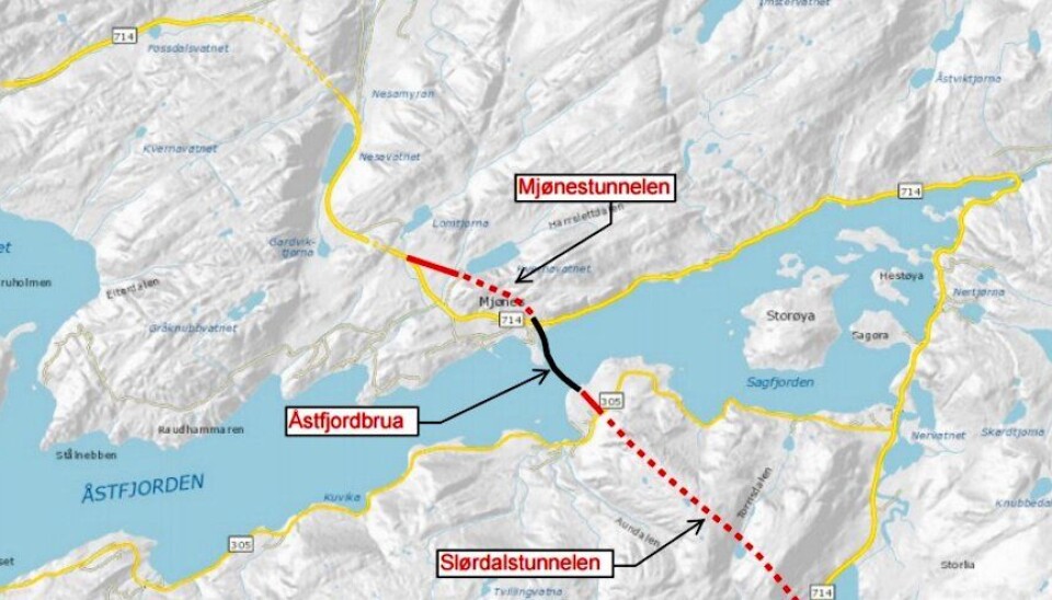 Kartet viser den største kontrakten; bygging av Slørdalstunnelen (ca. 2650 meter), Åstfjordbrua (ca. 735 meter) og Mjønestunnelen (ca. 770 meter), samt veger i dagsoner på ca. 1500 meter.