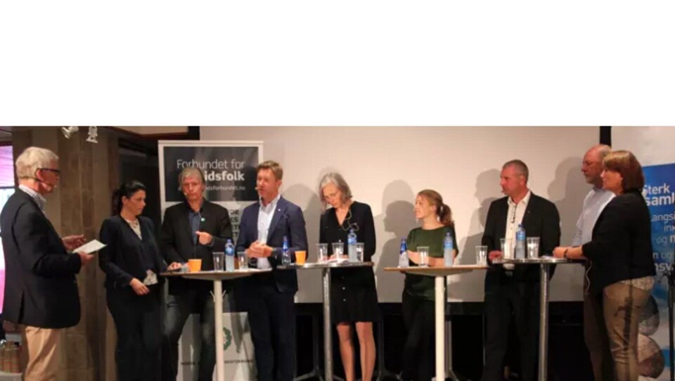 Fra venstre: Ordstyrer Stein Aabø, Heidi Nodby Lunde (H), Ola Elvestuen (V), Terje Åsland (Ap), Elisabeth Gammelsæter (Norsk Bergindustri), Une Aina Bastholm (MdG), Roger Heimland (LO), Svein Oppegård (NHO) og Anita Johansen (NAF).