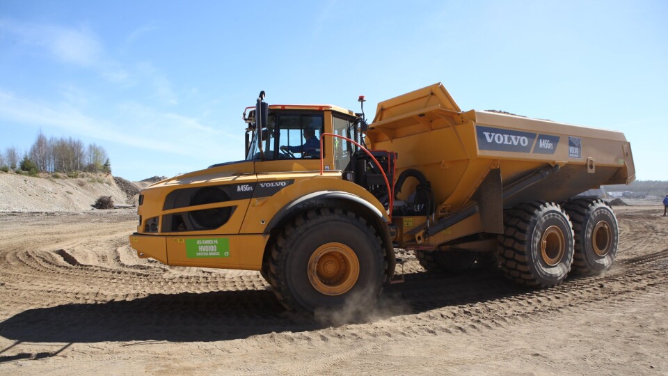 En slik Volvo A45GFS ble rammestyrt dumper nummer 75.000 fra Volvo Construction Equipment i juni 2017. Bildet er fra Volvo anleggsdager 2017 i Hovinmoen grustak (Akershus).