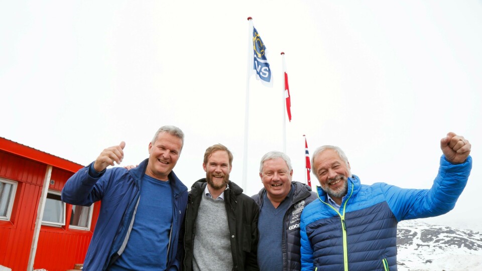 GLEDENS DAG: Stemningen var god på den offisielle åpningen av rubin-prosjektet på Grønland, 11. mai 2017. Fra venstre: Gunnar Moe (styreleder Greenland Ruby), Magnus Kibsgaard (direktør Greenland Ruby), Benn Eidissen (investor) og Frode Nilsen (LNS-eier).
