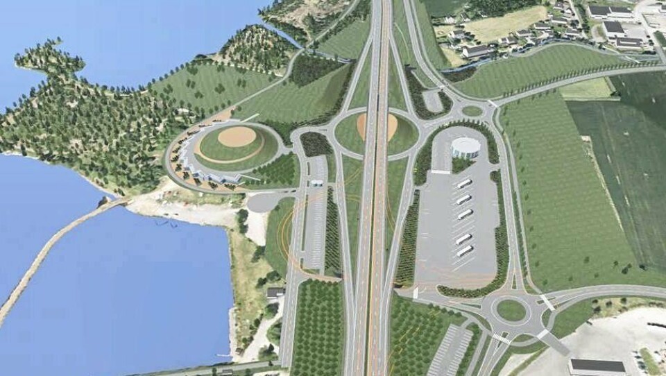 Skisse av det kommende veiserviceanlegget ved Brumunddal med bensinstasjon, serveringssted, dusj/WC, ladestasjon for elbiler og 20 tungbil-parkeringsplasser for døgnhvile i tilknutning til E6.