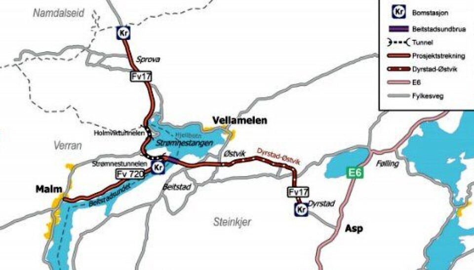Kart over fylkesvei 17/ fylkesvei 720 Dyrstad-Sprova-Malm i Nord-Trøndelag.