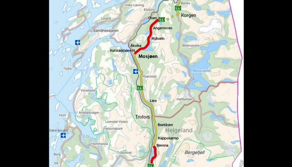 E6 Helgeland sør. Parsellene er merket med rødt.