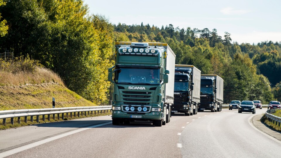 Scania jobber videre med teknologi for platooning. Her fra tester i Södertälje.