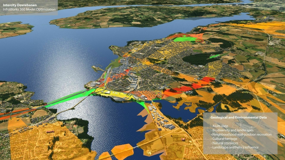Ved hjelp av fargekoder ser man blant annet forskjellige landskapsområder, sårbar natur og bebyggelse i Hamar ved hjelp av et dataprogram (3D-modellering, Building Information Modeling).