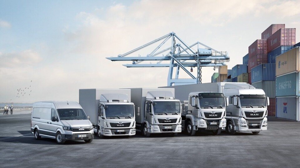 MANs komplette nyttekjøretøyprogram når TGE er på plass neste år. F.v. TGE, TGL, TGM, TGS og TGX som dekker alt fra tre tonn og oppover og motoreffekter fra 102 til 640 hk.