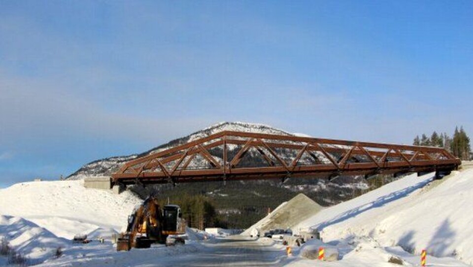 E6-prosjektet ønsker å gjenoppbygge Perkolo bru slik som den opprinnelige brua. Bildet er tatt 4. februar 2016, to uker før brua kollapset på grunn av en prosjekteringsfeil.