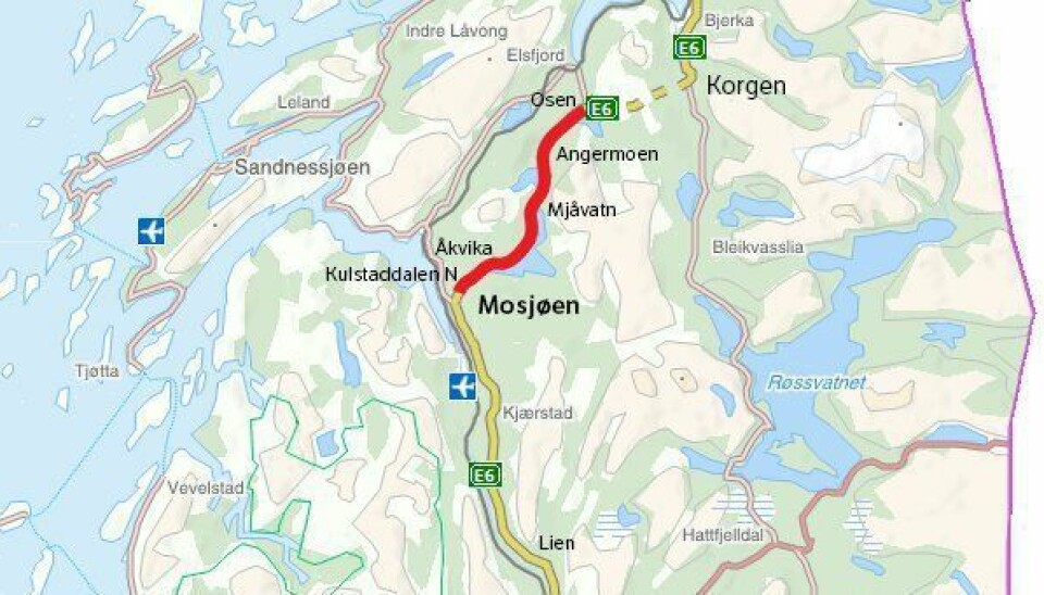 E6 Helgeland sør. Parsellene er merket med rødt.