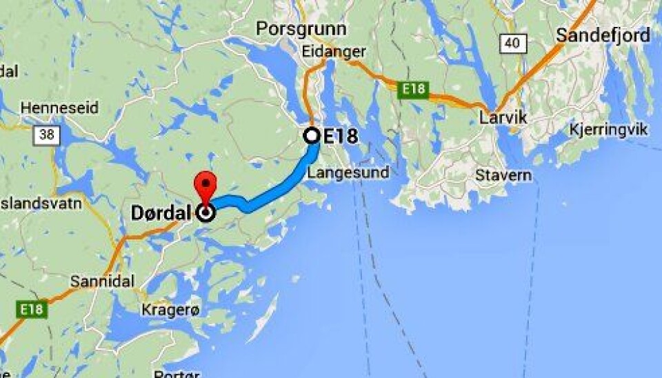 Den blå strekningen mellom Rugtvedt og Dørdal skal bygges ny innen 2020. Kart: Google Maps