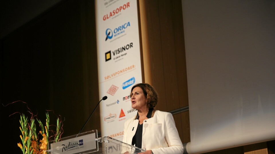Adm. direktør i Nye Veier AS, Ingrid Dahl Hovland, på talerstolen på Fjellsprengningsdagen 2015, som tradisjonen tro ble avholdt på Radisson Blu Scandinavia Hotel, Oslo i november.