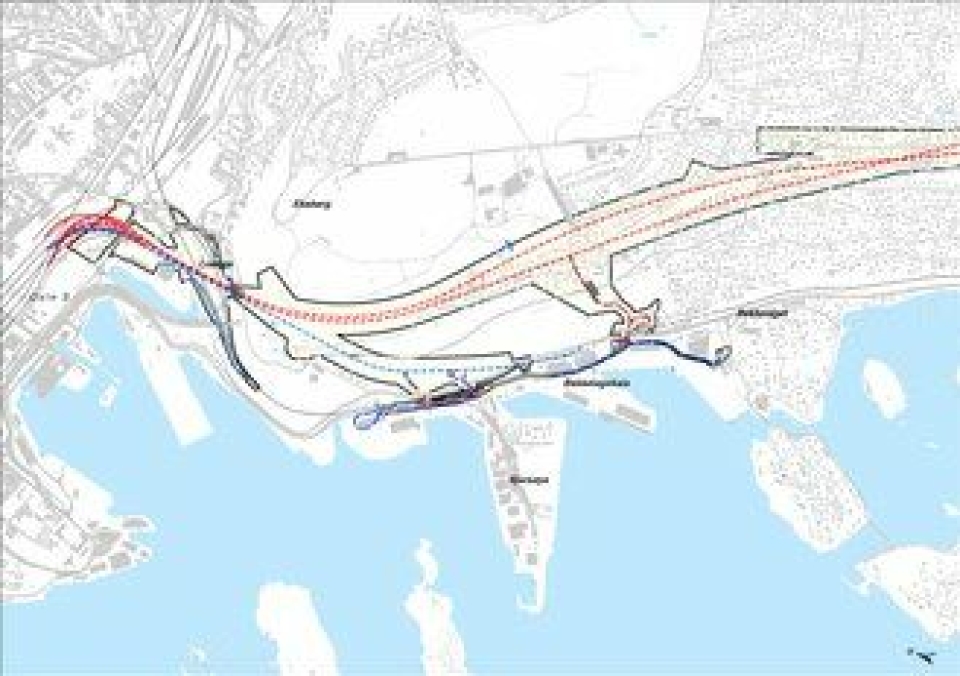 Sjursøytunnelen er en ny tunnel for inngående Østfoldbane, tegnet med blå stiplete linje på dette kartet.