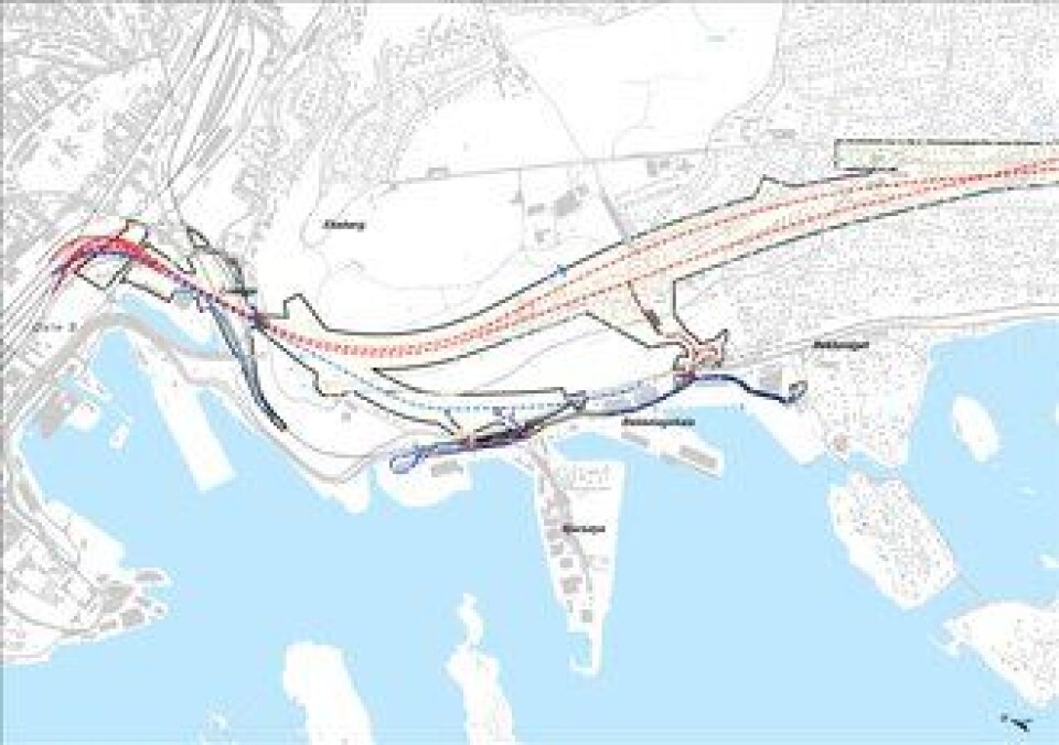 Sjursøytunnelen er en ny tunnel for inngående Østfoldbane, tegnet med blå stiplete linje på dette kartet. Sjursøytunnelen er en ny tunnel for inngående Østfoldbane, tegnet med blå stiplete linje på dette kartet.