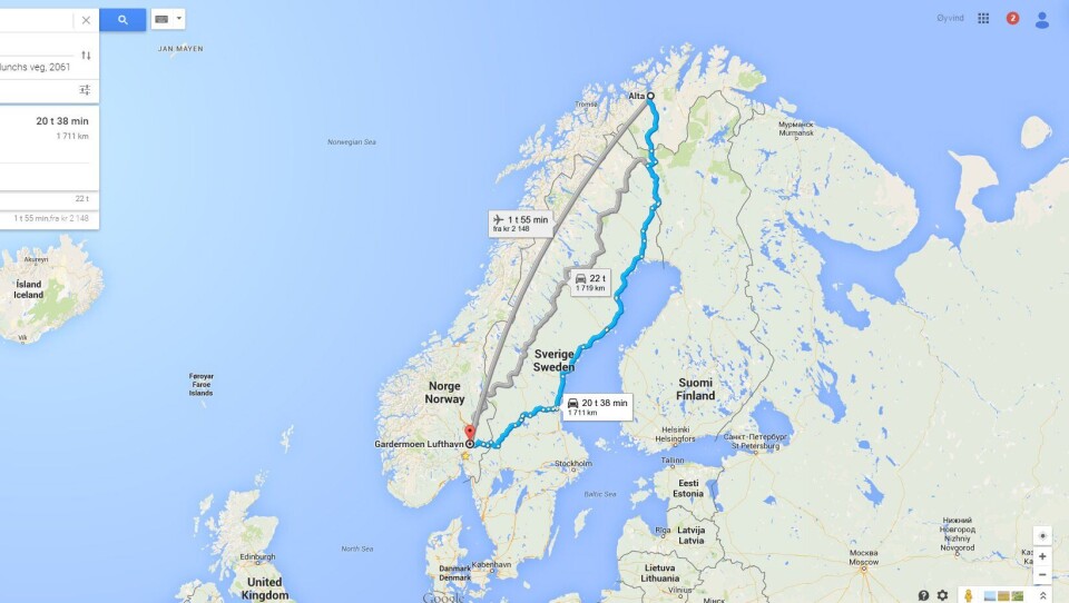 Alta til Gardermoen er korteste vei drøyt 1700 km.