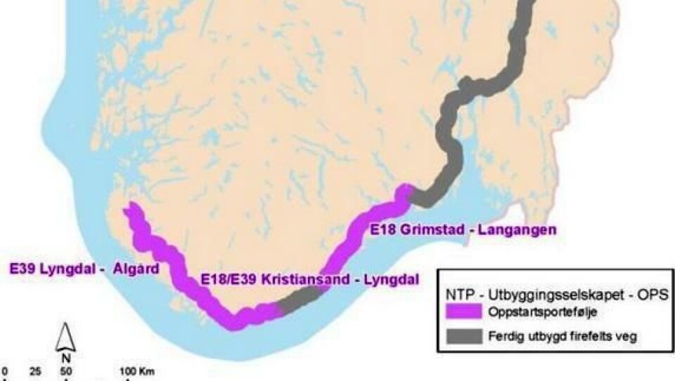 De to strekningene merket med lilla, E18 Langangen-Grimstad og E39 Kristiansand-Ålgård, skal bygges av det nye veiselskapet som får oppstart i 2016.