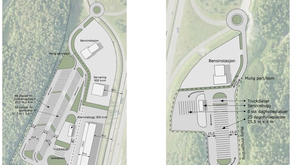 Vest for E6 (til venstre) skal det ifølge planene etableres et veiserviceanlegg med 100 oppstillingsplasser for vogntog, en vaskeplass, et servicebygg på 300 m2, en bensinstasjon, et serveringssted på 900 m2 og et 120 meter langt verksted.Øst for E6 skal det bygges rundt 30 døgnhvileplasser, en bensinstasjon og et servicebygg til midlertidig bruk inntil vestsiden er ferdig bygget.
