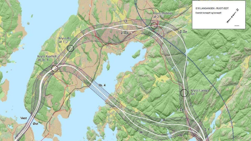 Statens vegvesen går inn for at den nye traseen for E18 skal gå i nærheten av nåværende vei forbi Moheim - alternativ 1 på dette kartet.