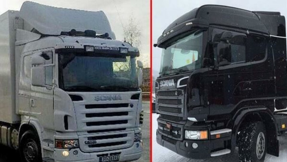 Disse to lastebilene, skapbilen til venstre, er i løpet av helgen stjålet fra parkeringsplassen utenfor Scania på Hamar.