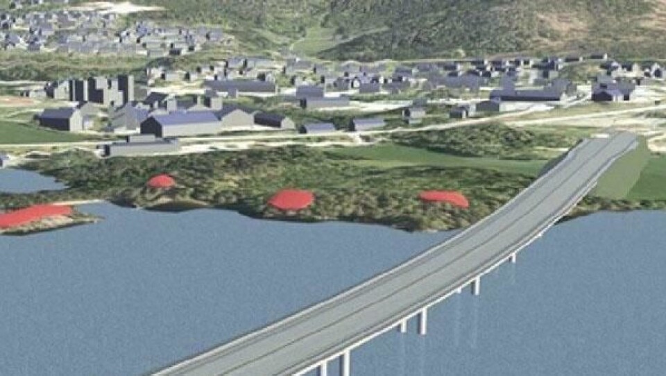 Skissen viser hvordan ny Mjøsbru vil starte fra Moelv på østsiden av Mjøsa. De røde områdene er kulturminner.