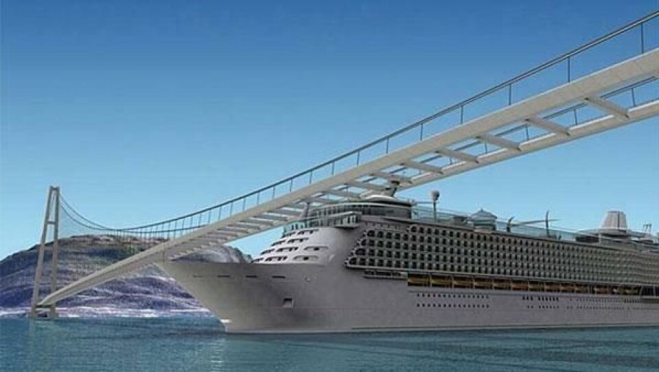 Slik kan det komme til å se ut når store cruiseskip seiler under en bro over Oslofjorden en gang i fremtiden.