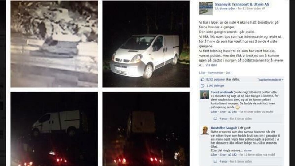 Skjermdump fra Svanevik Transport & Utleie AS' Facebook-side.
