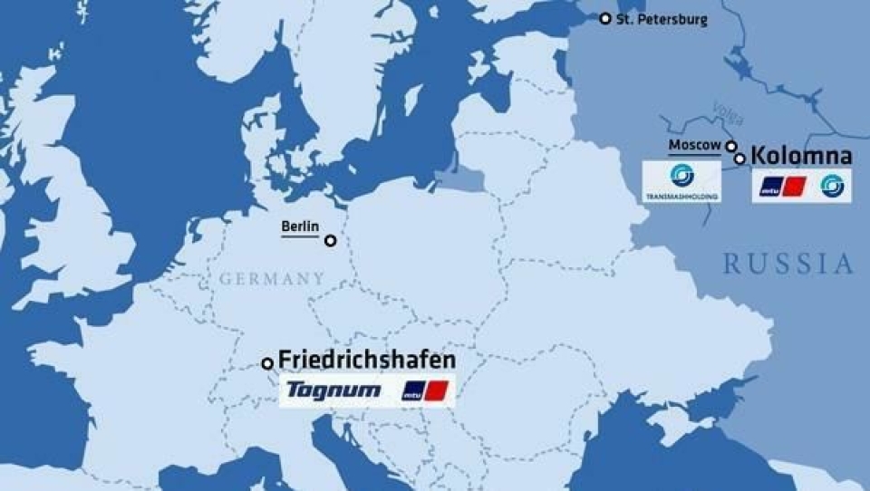 Kartet viser Tognums hovedkvarter i Friedrichshafen i Tyskland og den nye fabrikken som skal bygges i Kolomna like ved Moskva.