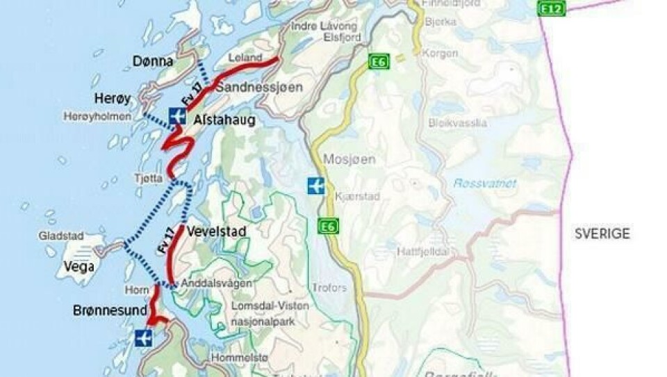 Illustrasjonen viser en fremtidig hovedforbindelse mellom Brønnøysund og Sandnessjøen langs fylkesvei 17 Brønnøy – Alstahaug, inkludert forbindelsene til Herøy, Dønna og Vega.