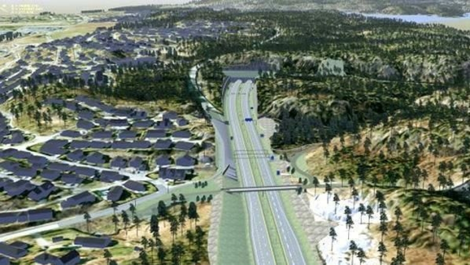Illustrasjon av nye E18 fra Bommestad og sørover. I forgrunnen Trulse overgangsbru. Larvikstunnelens inngang blir ca. 100 meter vest for dagens E18 og undergangen ved Haga.