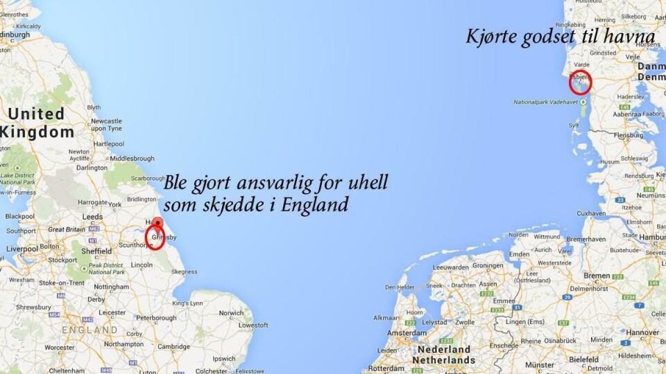 En sjåfør fraktet last på tralle fra fabrikk til havn i Danmark - ble gjort ansvarlig for uhell i England med samme last og tralle.