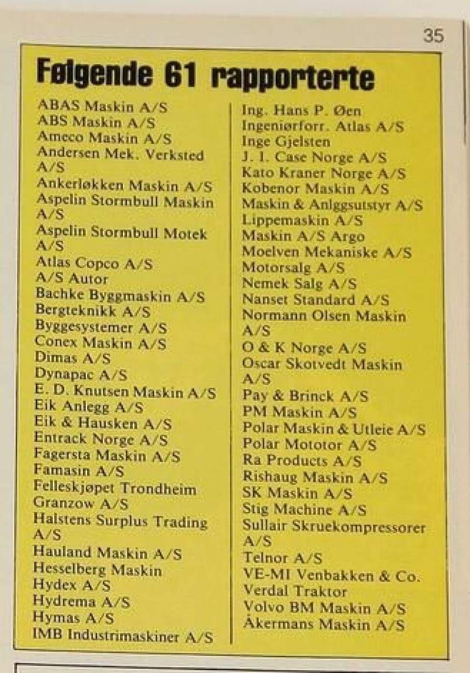 Disse selskapene rapporterte inn til A&T i 1985.