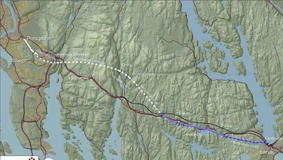 Vestfoldentreprisen (markert med blått) utgjør 9 km av totalt 22,5 km som skal bygges mellom Farriseidet og Porsgrunn.