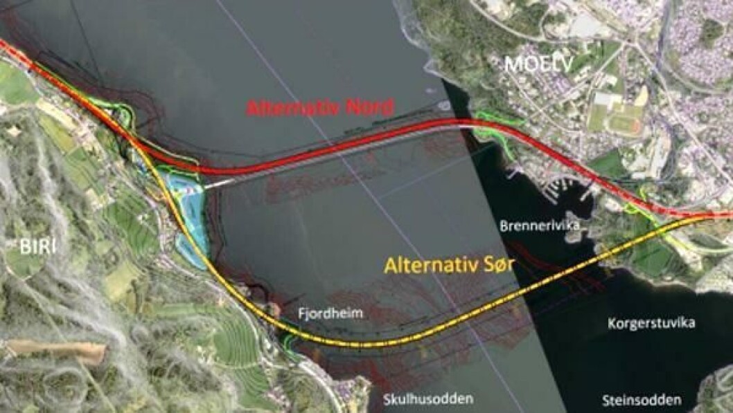 Illustrasjonlaget av Asplan Viak AS for Statens vegvesen som viser traséfremføring for de aktuelle utbyggingsalternativene over Mjøsa. Illustrasjonlaget av Asplan Viak AS for Statens vegvesen som viser traséfremføring for de aktuelle utbyggingsalternativene over Mjøsa.