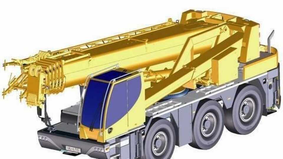 Sees på Bauma: Foreløpig bare tegning av den nye 45-tonneren med variabel plassering av hytta og femdelt bom på 36 meter.