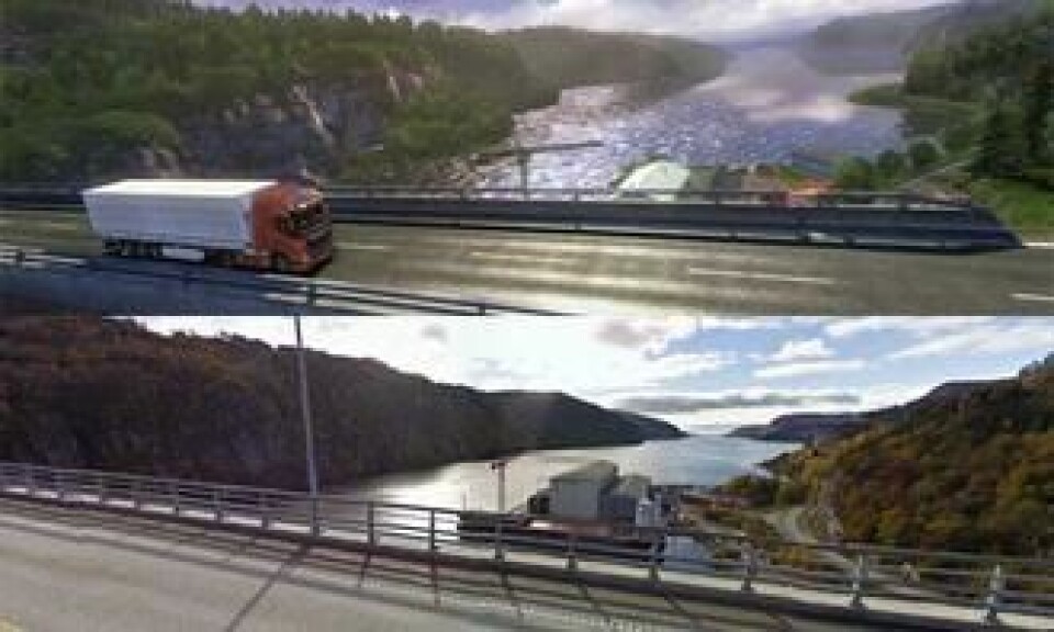 Øverst er skjermbildet fra spillet, nederst er Google Street Views bilde av samme strekning.