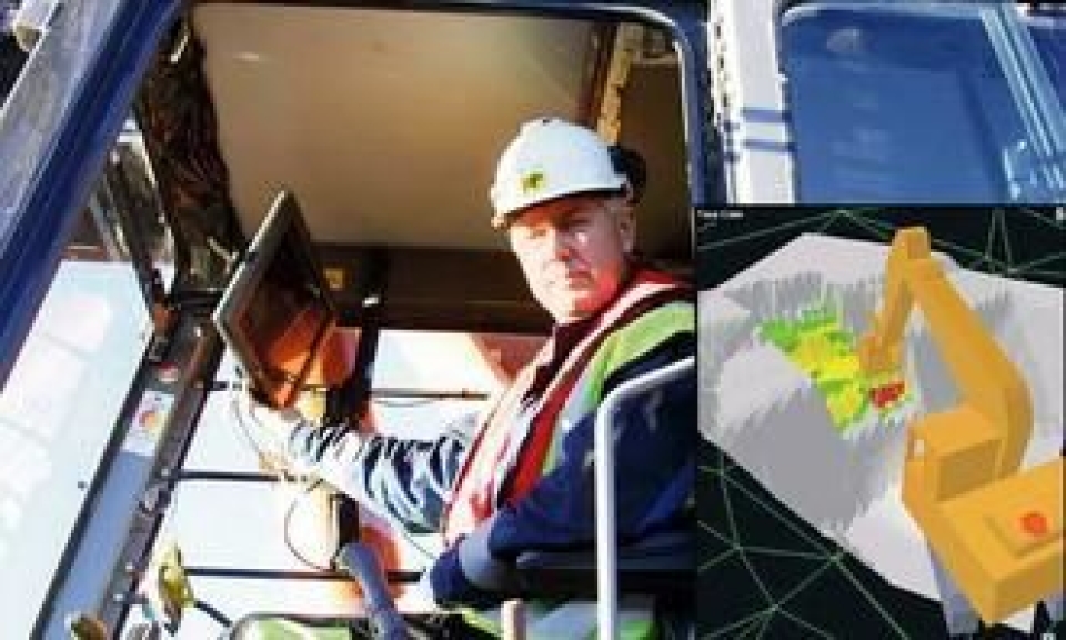 På denne skjermen ser maskinfører Jonny Aabø hvordan han skal utføre gravingen under vannet, og resultatet kan han lese av som vist på skissen.