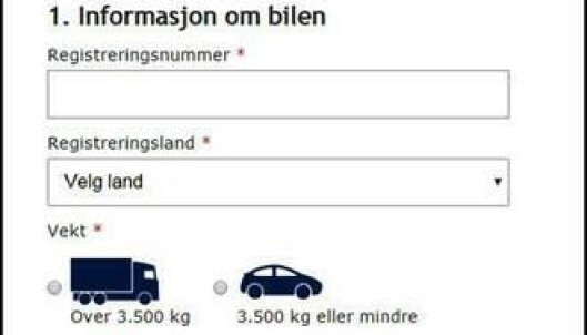 Inntil videre kan man huke av for personbil selv om man skriver inn et registreringsnummer på en tungbil. Inntil videre kan man huke av for personbil selv om man skriver inn et registreringsnummer på en tungbil.