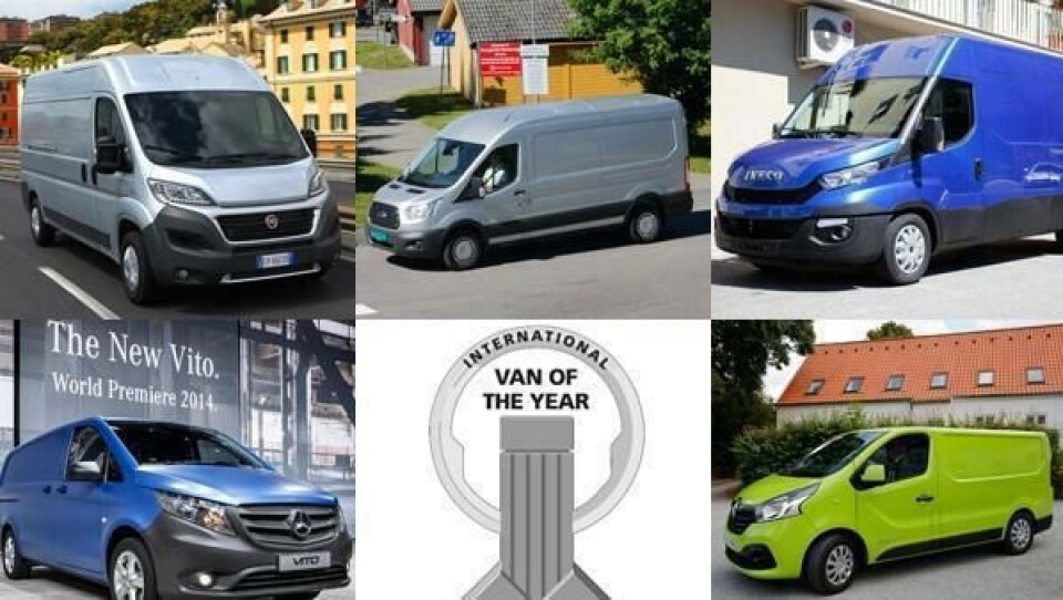 Kandidatene, øverst fra venstre: Fiat Ducato, Ford Transit og Iveco Daily. Nederst fra venstre: Mercedes-Benz Vito og Renault Trafic.