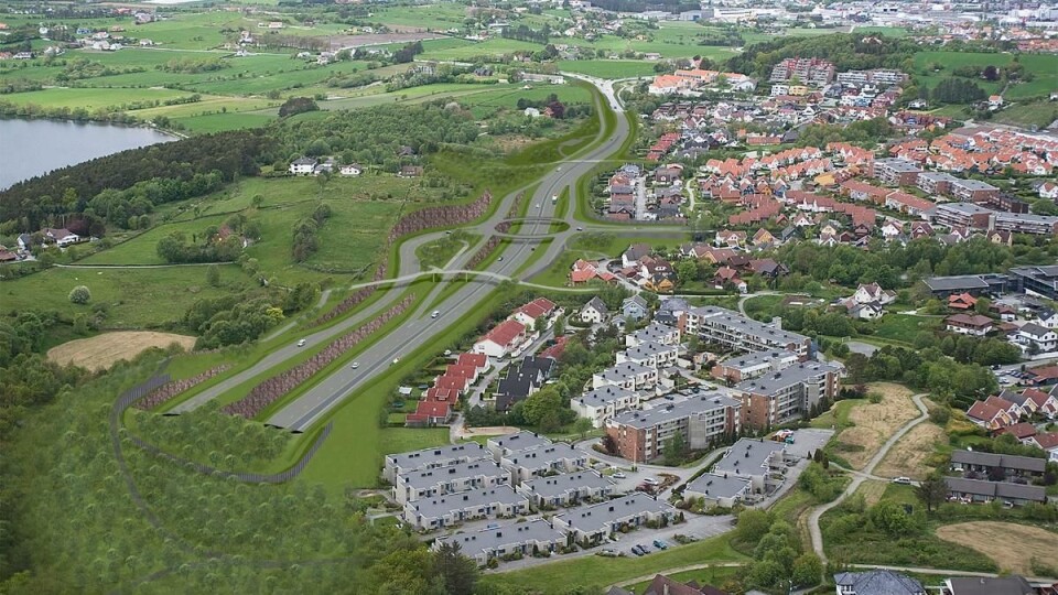 Fotomontasje som viser ny E39 sett sørøstover mot krysset med Randabergveien. Atkomsten til utfartsparkering og Nordalssvingene er lagt om og dagens fotgjengerundergang erstattes med bru.
