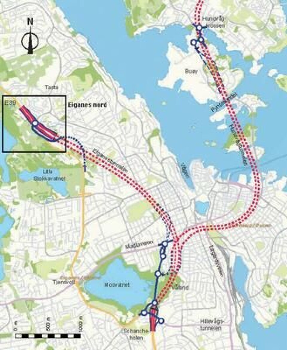 Oversiktstegning for Ryfylkeforbindelsen (Ryfast) og E39 Eiganestunnelen. Dagens E39 er vist med gul strek. Eiganes nord er markert med ramme.