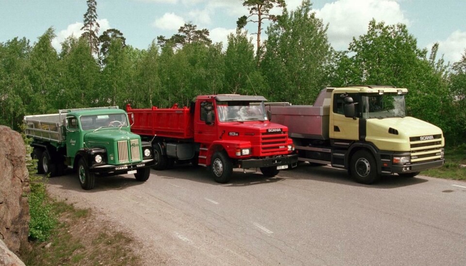 Tre representanter for et stolt kapittel i Scanias historie: F.v. LT75 som satte Scania-Vabis på verdenskartet da den kom i 1958 (produsert helt til 1980), image-skaperen T141, og T124 fra 1996.