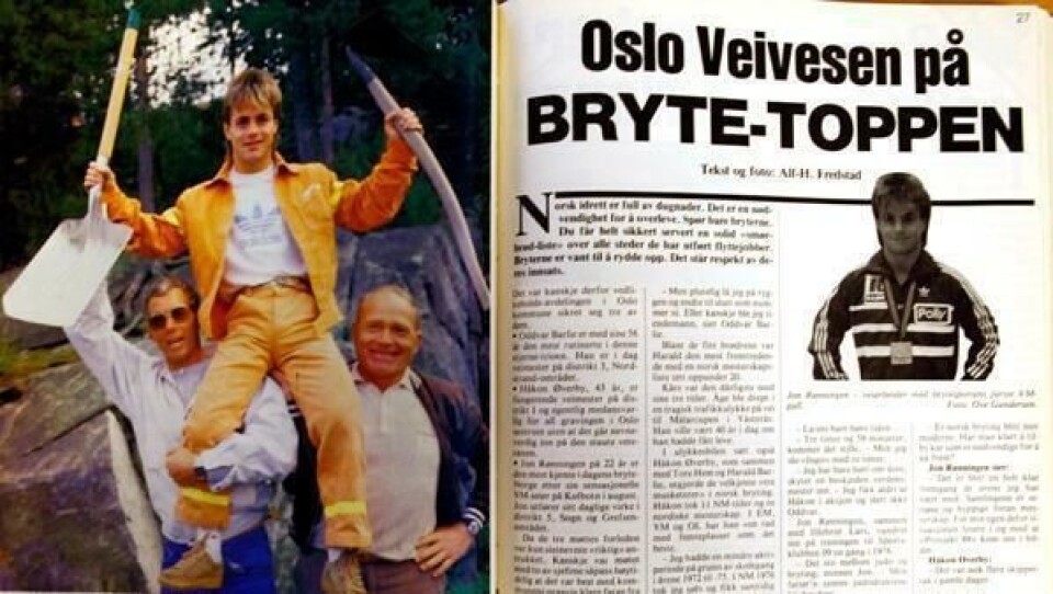 Den minste er blitt den største. Håkon Øverby (t.v.) og Oddvar Barlie hever verdensmester Jon Rønningen.
