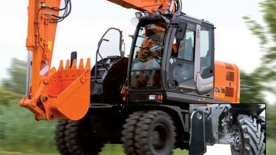 Hitachi ZX145W-3 med hydraulisk fjæring (fjæringen innfelt).