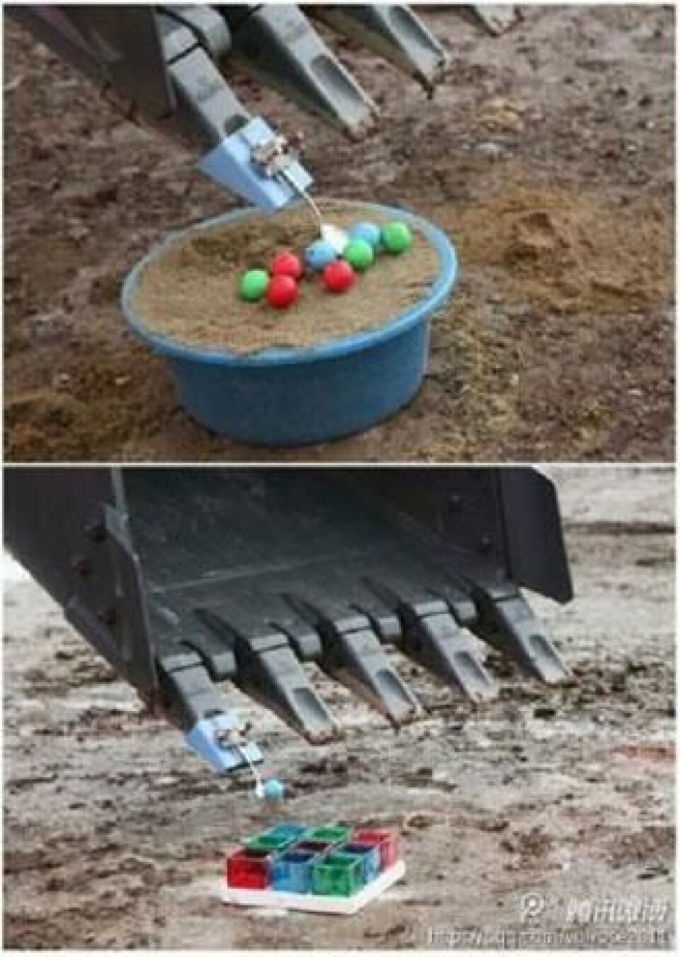 Plukk opp én og én golfball med en skje montert på skuffa og legg den så i rett boks.